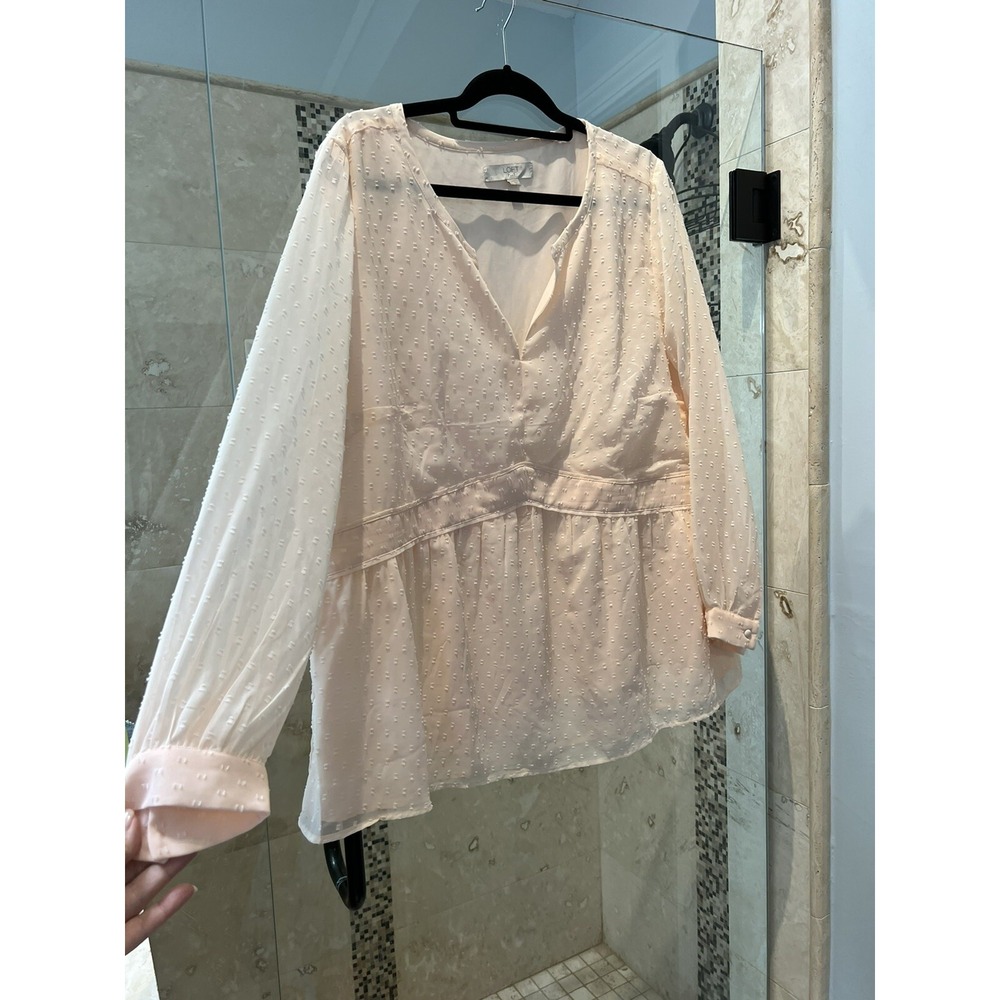 LOFT Blouse 18 Plus Blush Pink Clip Dot Floral Boho Victorian Peplum Top